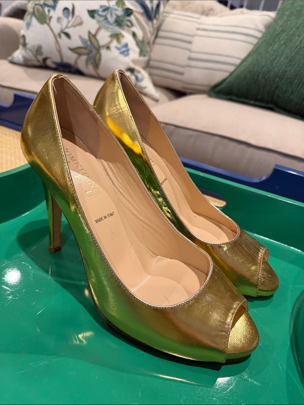 Something Bleu Bridal Metallic Gold Peep-Toe High Heels